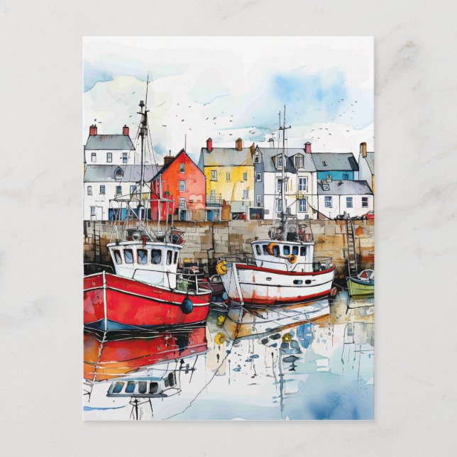 Three Boats In The Fishing Harbor Postcard (Front)