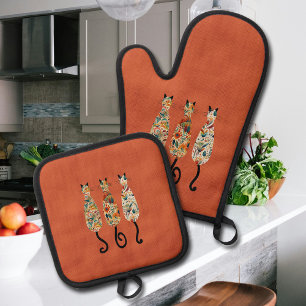 Three Boho Cats Orange  Oven Mitt & Pot Holder Set