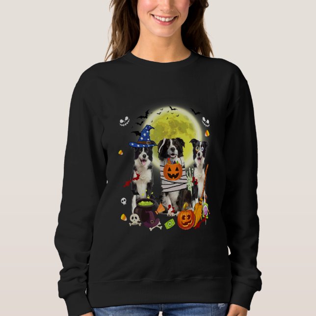 Three Border Collie Dogs Witch Scary Mummy Hallowe Sweatshirt (Front)