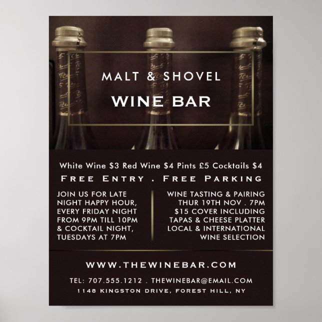 Three Bottle Display, Wine Bar/Winery Advertising Poster (Front)