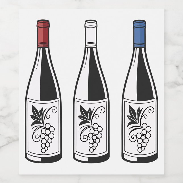 Three Bottles Food and Beverage Label Set (Illustration of three wine bottles, each with a different colored cap: red, white, and blue. )