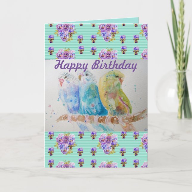 Three Budgies Aqua Budgie Watercolour art Card (Front)
