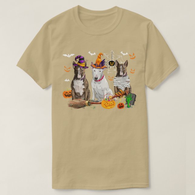 Three Bull Terrier Dogs Witch Halloween Mommy Scar T-Shirt (Design Front)
