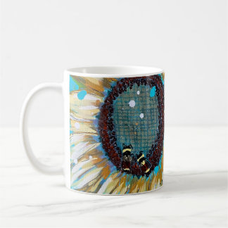Three bumblebees on a sunflower coffee mug