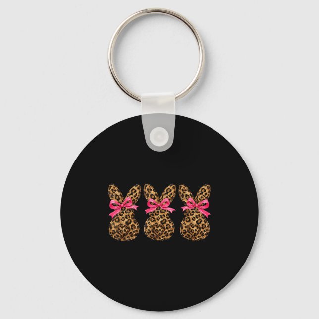 Three Bunnies Leopard Rabbit Eggs Happy Easter Coq Key Ring (Front)