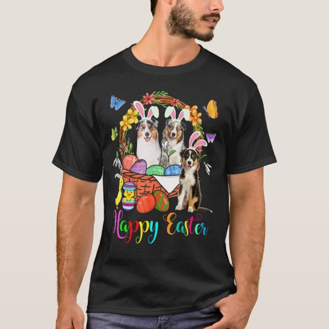 Three Bunny Australian Shepherd Dogs In Easter Egg T-Shirt (Front)