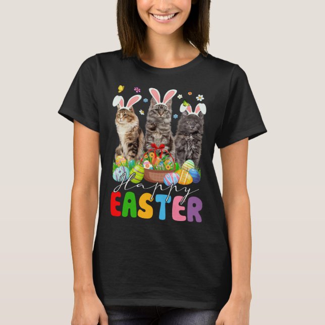 Three Bunny Maine Coon Cats & Easter Egg Basket Ea T-Shirt (Front)
