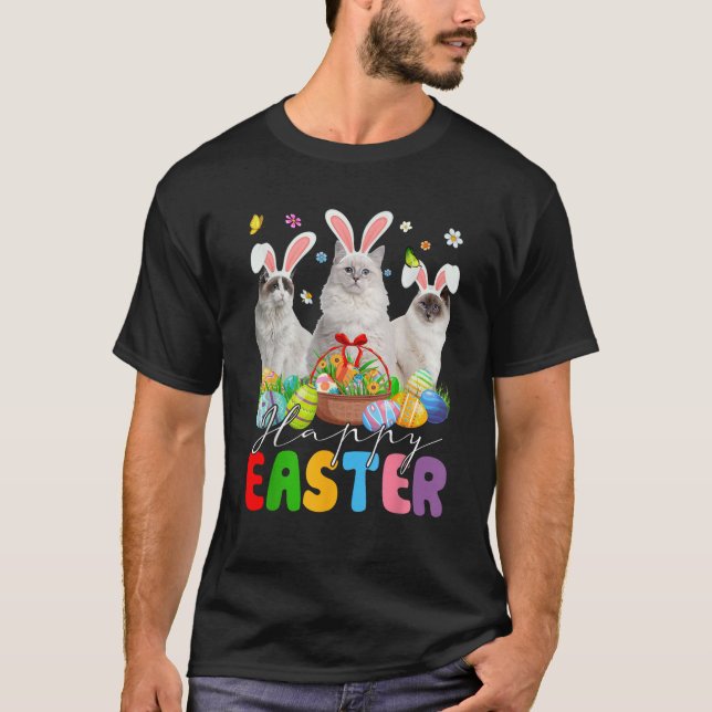 Three Bunny Ragdoll Cats Easter Egg Basket Easter  T-Shirt (Front)