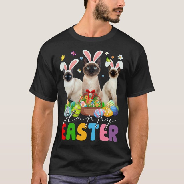 Three Bunny Siamese Cats & Easter Egg Basket Easte T-Shirt (Front)