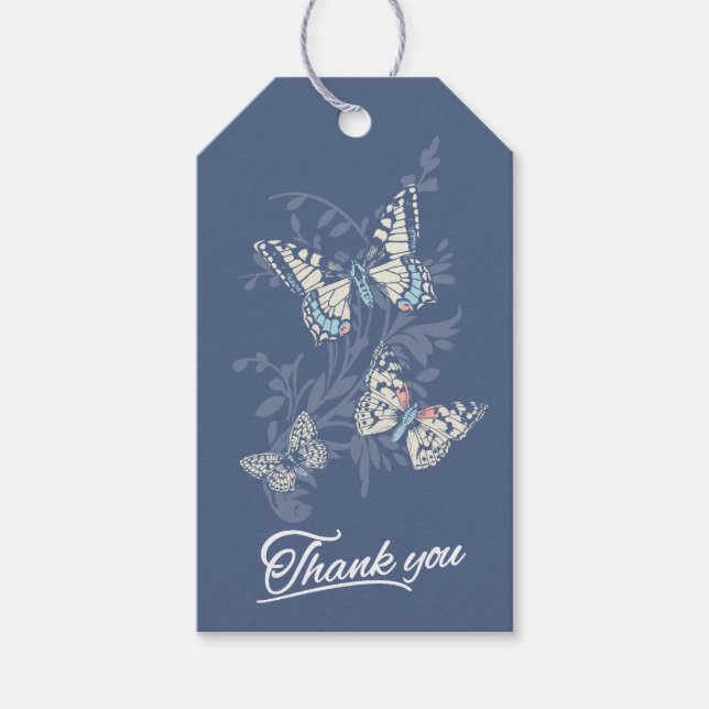 Three butterflies drawing blue thank you gift tag (Front)