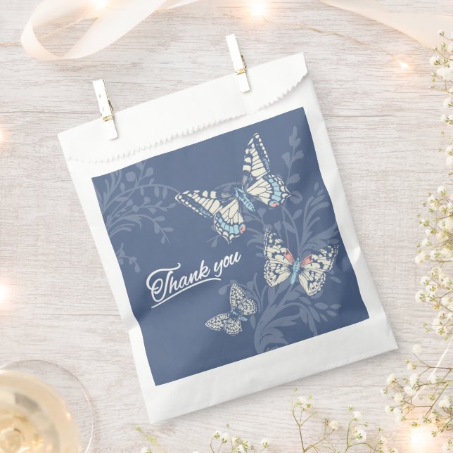 Three butterflies drawing blue thank you wedding favour bags (Clipped)