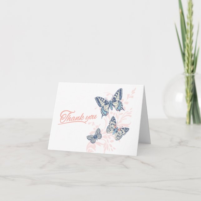 Three butterflies drawing wedding coral thank you card (Front)