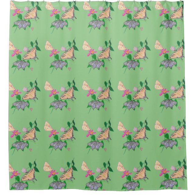 Three butterflies enjoying flowers shower curtain (Front)
