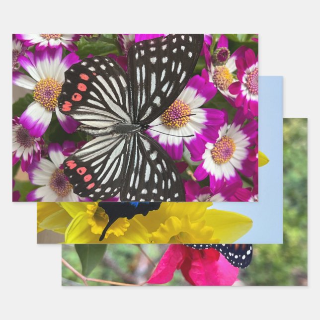 Three butterflies on pretty flowers wrapping paper sheet (Set)