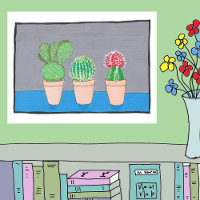 Three cacti in pots, cute, naive art