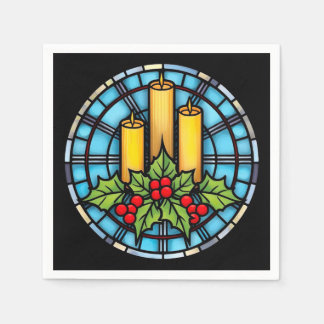 Three Candles With Holly Christmas Stained Glass Napkin