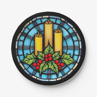 Three Candles With Holly Christmas Stained Glass Paper Plate