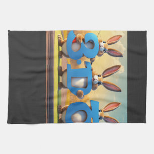 Three Cartoon Hares Holding Number Three Tea Towel