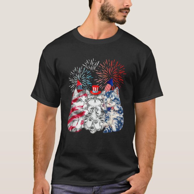 Three Cat 4th Of July American Flag Patriotic Cat T-Shirt (Front)