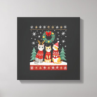 Three Cat Funny Christmas Cat Ugly Xmas Sweater Me Canvas Print