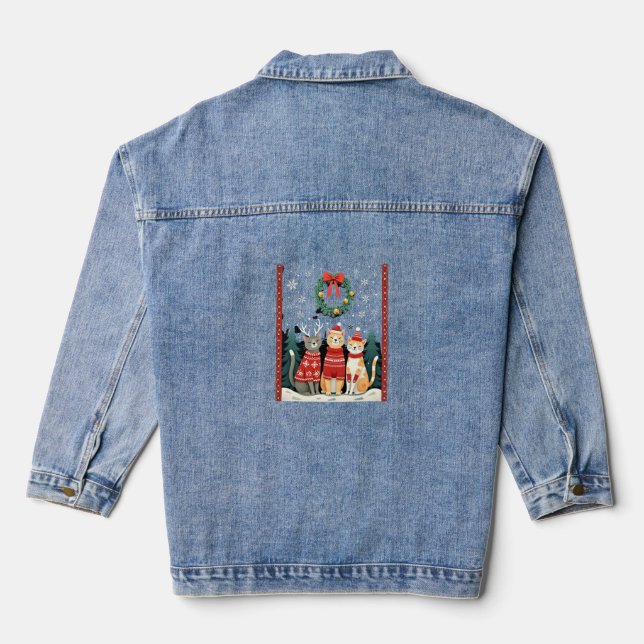 Three Cat Funny Christmas Cat Ugly Xmas Sweater Me Denim Jacket (Back)