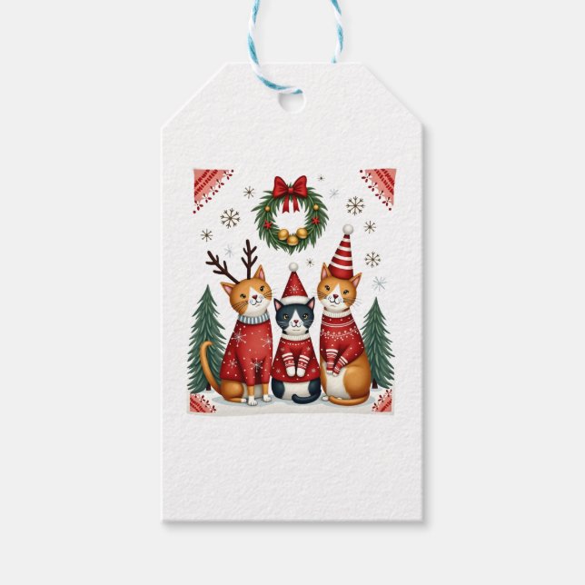 Three Cat Funny Christmas Cat Ugly Xmas Sweater Me Gift Tags (Front)