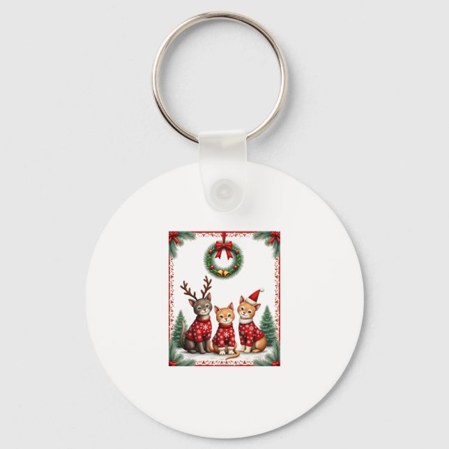 Three Cat Funny Christmas Cat Ugly Xmas Sweater Me Key Ring (Front)