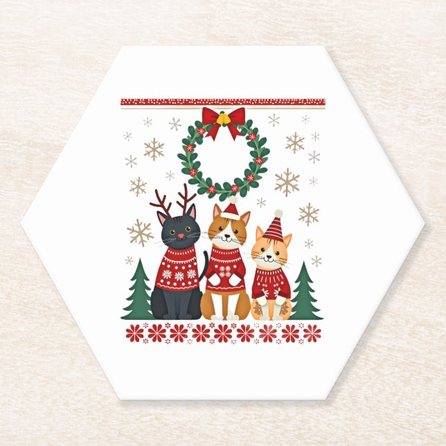 Three Cat Funny Christmas Cat Ugly Xmas Sweater Me Paper Coaster (Front)