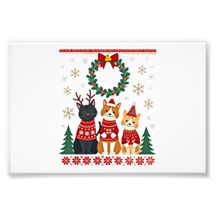 Three Cat Funny Christmas Cat Ugly Xmas Sweater Me Photo Print