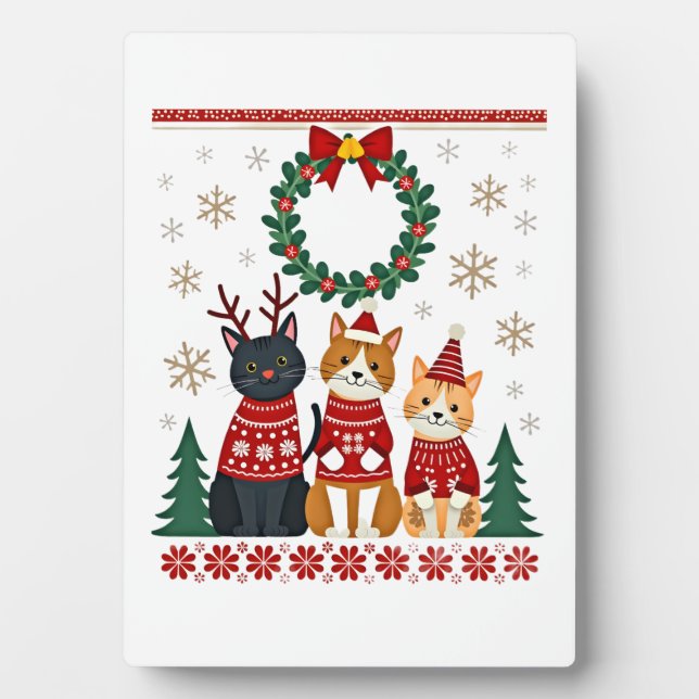 Three Cat Funny Christmas Cat Ugly Xmas Sweater Me Plaque (Front)