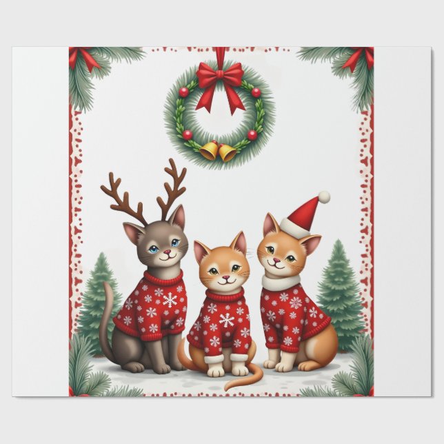 Three Cat Funny Christmas Cat Ugly Xmas Sweater Me Wrapping Paper (Flat)