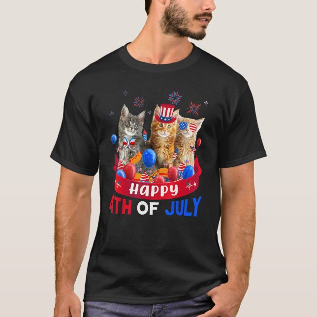 Three Cat Happy 4th Of July Balloon  Independence  T-Shirt (Front)