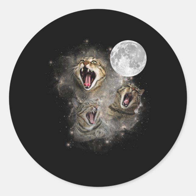 Three Cat Meow Moon Funny Weird Cursed Meme  Classic Round Sticker (Front)