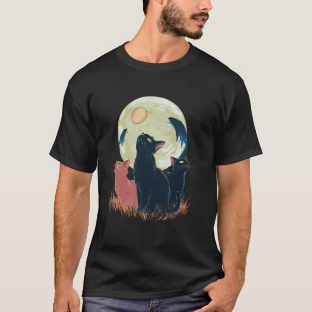 Three Cat Moon Funny Lazy Animals Howling Parody M T-Shirt (Front)