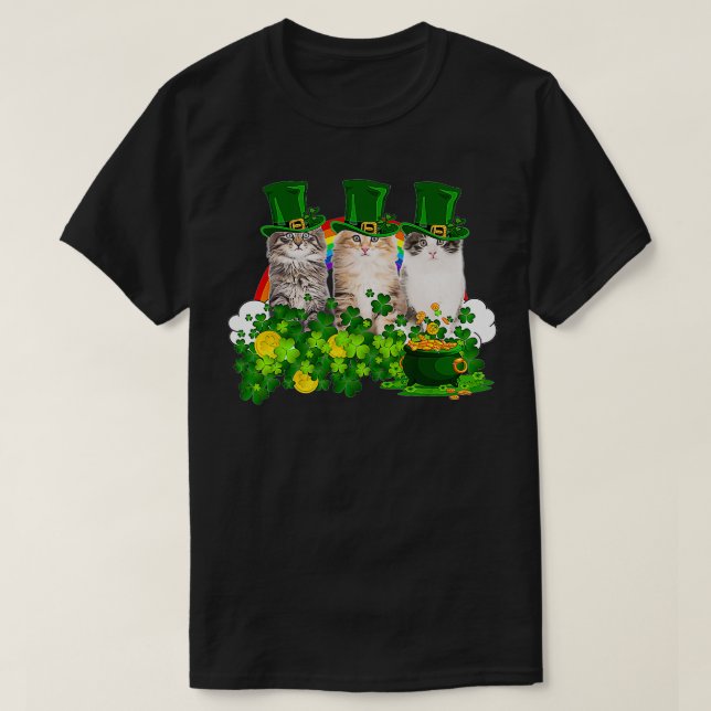 Three Cat Shamrock St Patricks Day Meowy Irish Gif T-Shirt (Design Front)