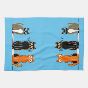Three cat towel, block print tea towel