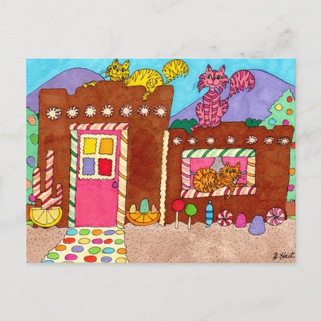 Three Cats at an Adobe Gingerbread House Postcard (Front)