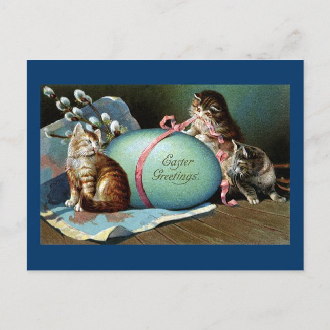 Three Cats & Big Blue Easter Egg Holiday Postcard (Front)