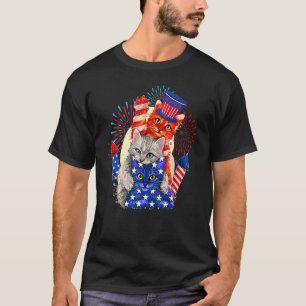 Three Cats Hat American Flag Fireworks Cute 4th Of T-Shirt