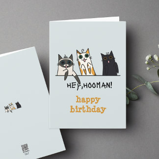 Three Cats Hey Hooman Funny Birthday Card