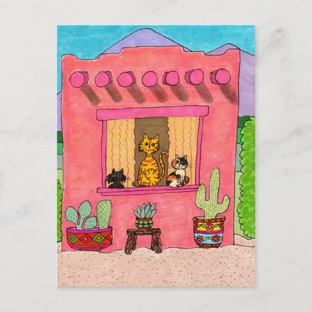 Three Cats in a Pink Adobe House Postcard (Front)