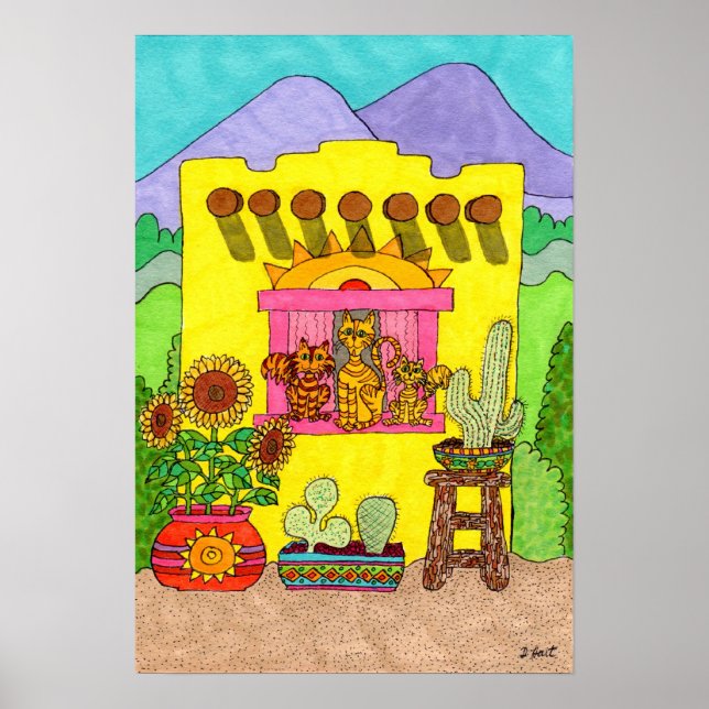 Three Cats in a Yellow Adobe House Poster (Front)