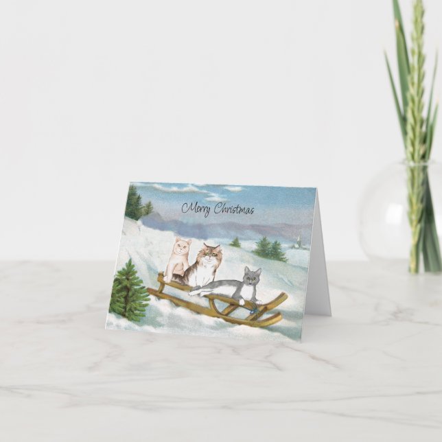 Three Cats on a Sled Winter Scene Christmas Card (Front)