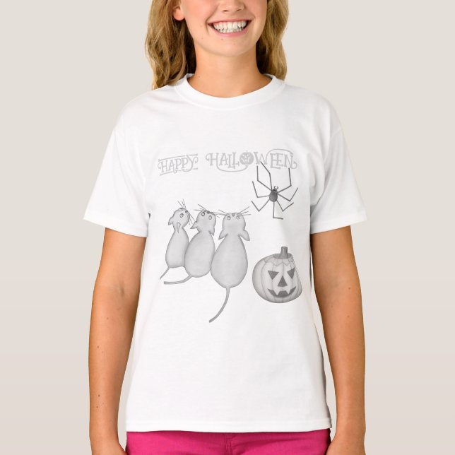 Three Cats, Pumpkin, and Spider Halloween T-Shirt (Front)
