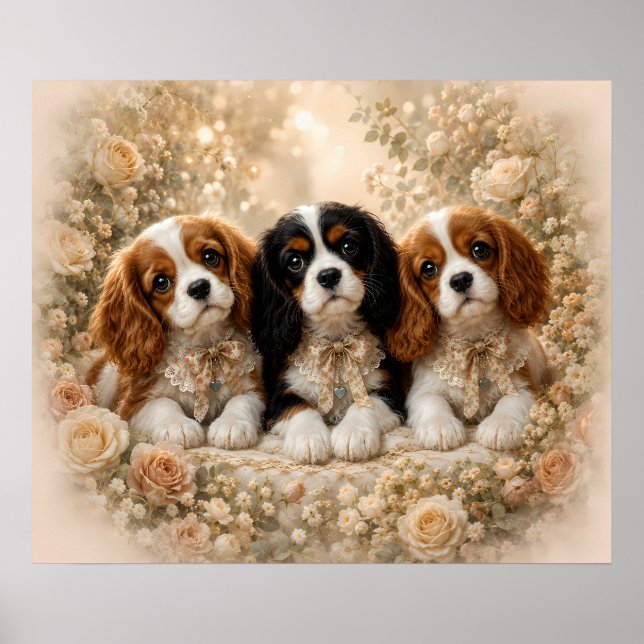 Three Cavalier King Charles Spaniel Puppies Togeth Poster (Front)