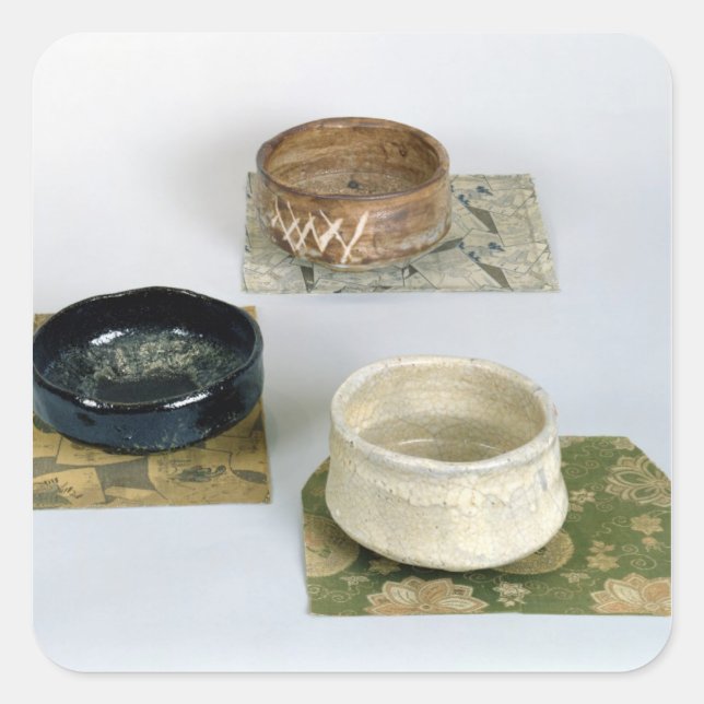 Three chawans used for tea ceremonies, c.1800 square sticker (Front)