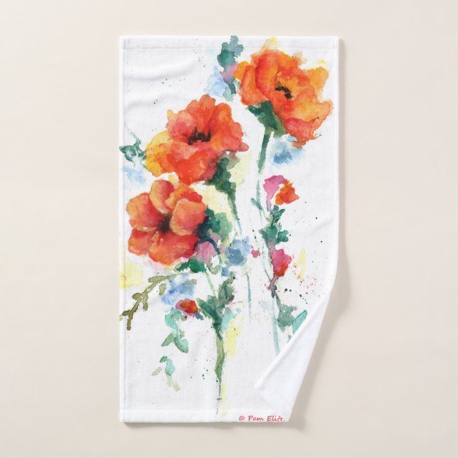 Three Cheerful Long Stemmed Red Poppies  Hand Towel (Hand Towel)