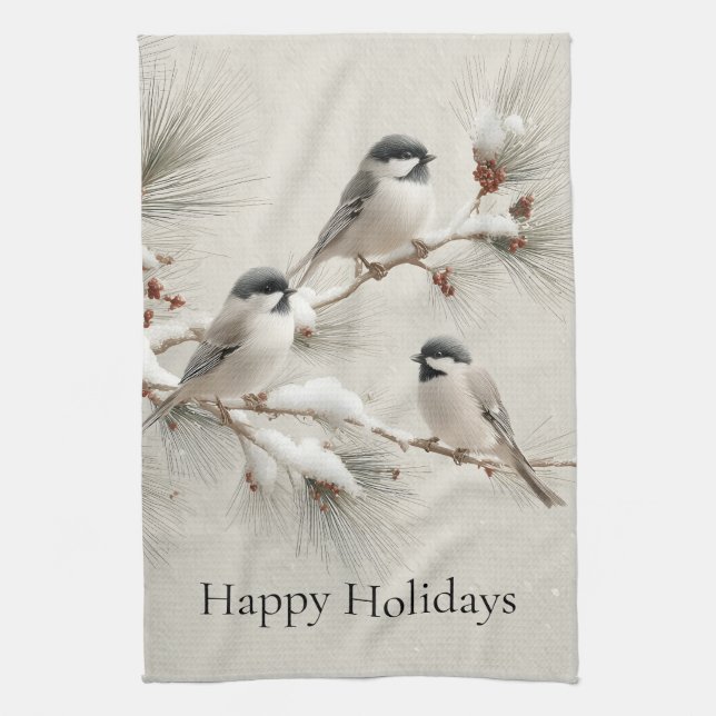 Three Chickadees on a Snow-Dusted Pine Branch Tea Towel (Vertical)