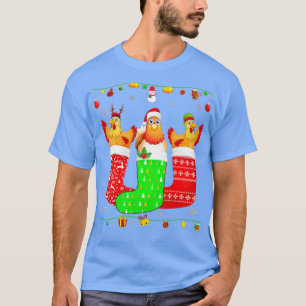 Three Chicken In Christmas Socks Matching Xmas Paj T-Shirt