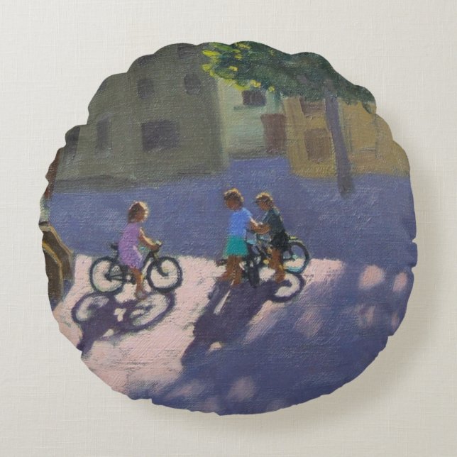 Three children with bicycles Spain Round Cushion (Front)